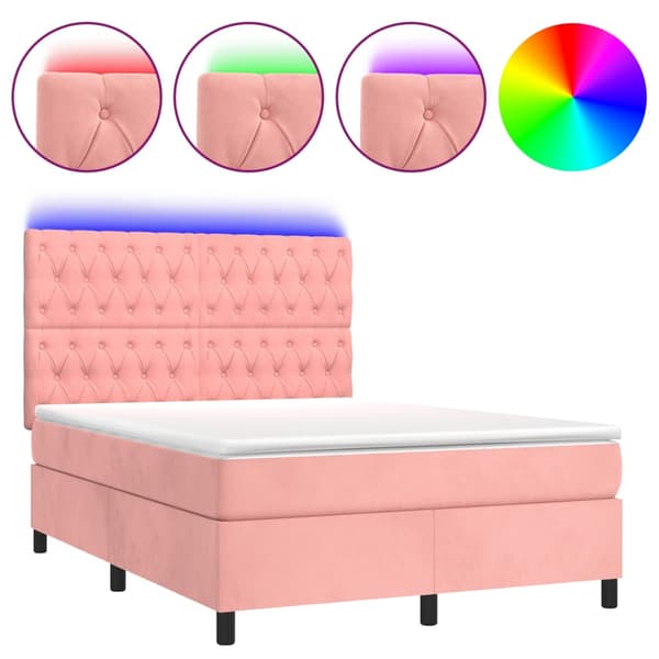 Ramsäng med madrass rosa & LED 140x200 cm sammet