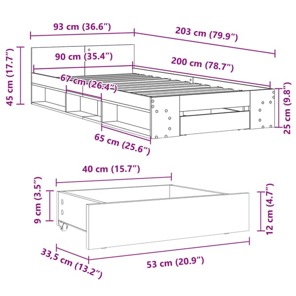 Sängram med låda rökfärgad ek 90x200 cm konstruerad trä