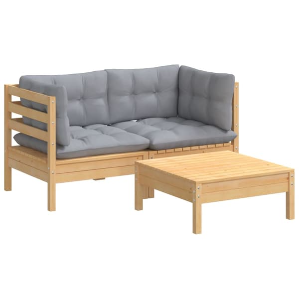 Loungegrupp med grå dynor 3 delar furu