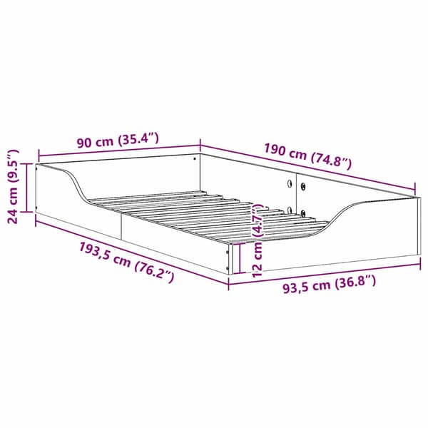 Sängram Vit 90 x 190 cm Massiv furu