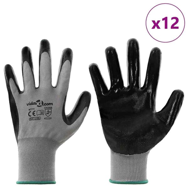 Arbetshandskar 12 pcs Grå och svart 11 / XXL Polyester