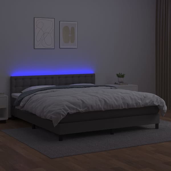 Ramsäng med madrass & LED grå 160x200 cm konstläder