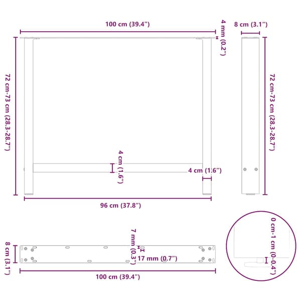 Matbordsben antracit 2 st 100x(72-73) cm stål