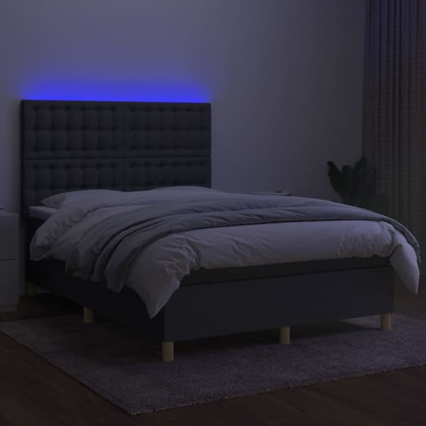 Ramsäng med madrass & LED mörkgrå 140x200 cm tyg