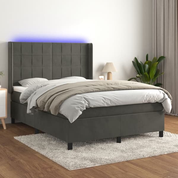 Ramsäng med madrass & LED mörkgrå 140x190 cm sammet