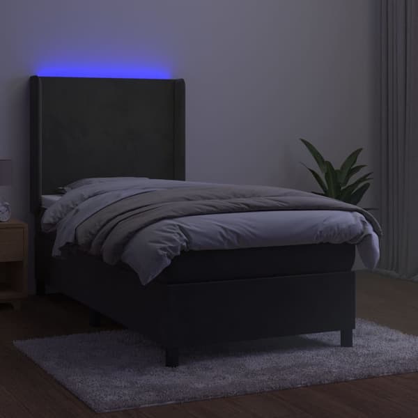 Ramsäng med madrass & LED mörkgrå 90x200 cm sammet