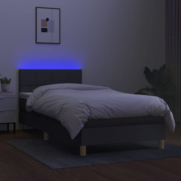Ramsäng med madrass & LED mörkgrå 90x200 cm tyg