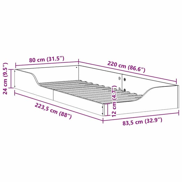 Sängram Vit 80 x 220 cm Massiv furu