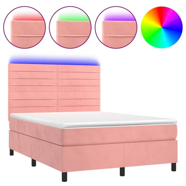 Ramsäng med madrass rosa & LED 140x190 cm sammet