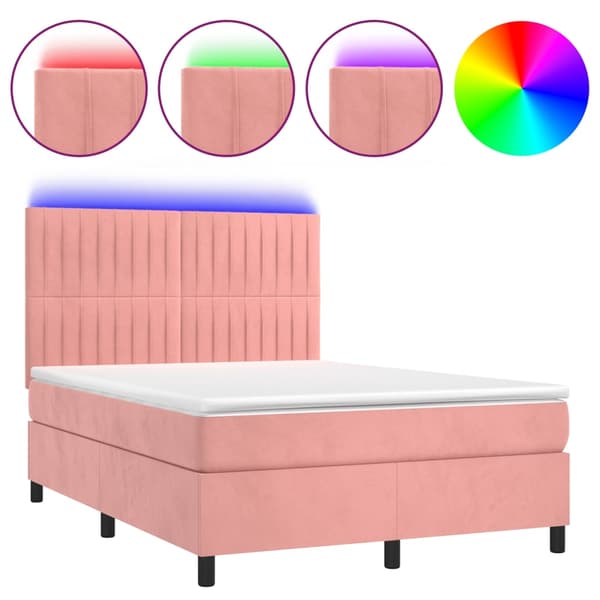 Ramsäng med madrass rosa & LED 140x190 cm sammet