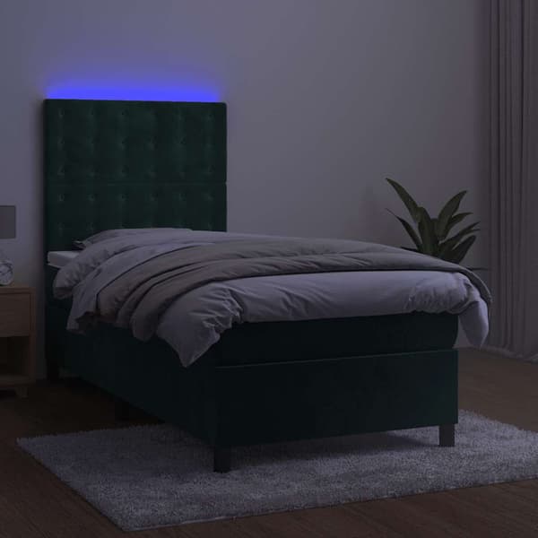 Ramsäng med madrass & LED mörkgrön 90x200 cm sammet