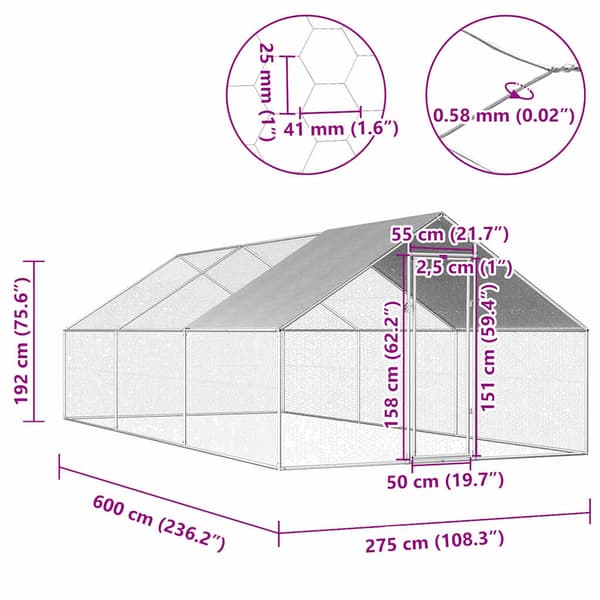 Hönsbur för utomhusbruk 2,75x6x1,92 m galvaniserat stål