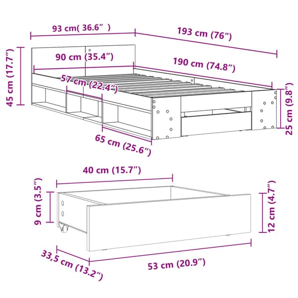 Sängram med låda rökfärgad ek 90x190 cm konstruerad trä