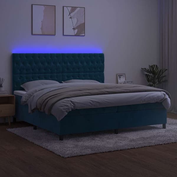 Ramsäng med madrass & LED mörkblå 200x200 cm sammet
