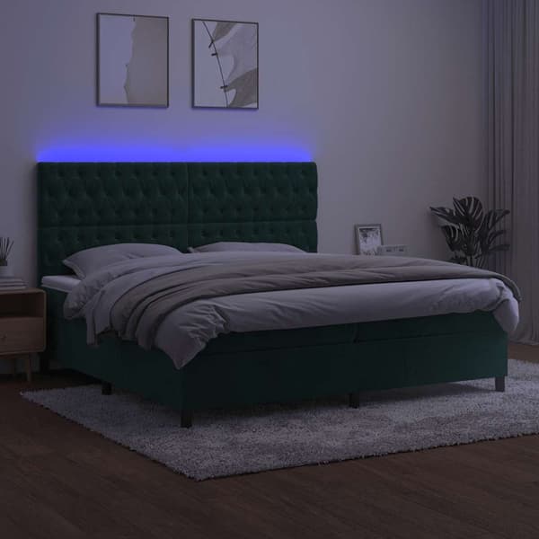 Ramsäng med madrass & LED mörkgrön 200x200 cm sammet