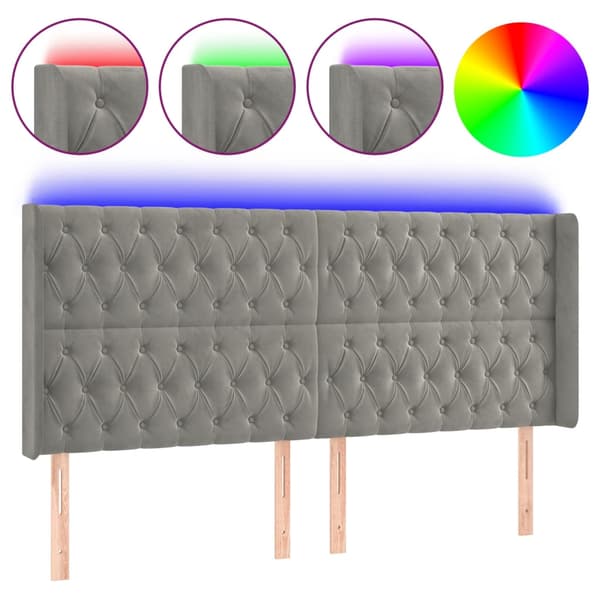 Sänggavel LED ljusgrå 183x16x118/128 cm sammet