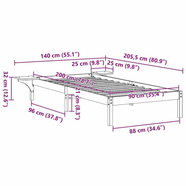 Sängram Vit 90 x 200 cm Massiv furu
