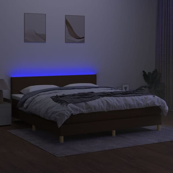 Ramsäng med madrass & LED mörkbrun 180x200 cm tyg