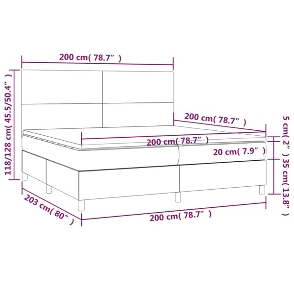 Ramsäng med madrass & LED mörkgrå 200x200 cm tyg