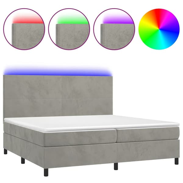 Ramsäng med madrass & LED ljusgrå 200x200 cm sammet