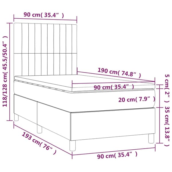 Ramsäng med madrass & LED mörkgrå 90x190 cm tyg