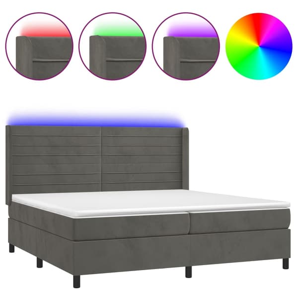 Ramsäng med madrass & LED mörkgrå 200x200 cm sammet