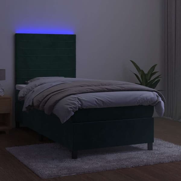 Ramsäng med madrass & LED mörkgrön 100x200 cm sammet