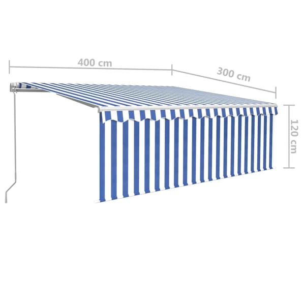 Manuell markis med rullgardin & LED 4x3 m blå/vit
