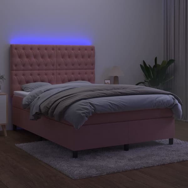 Ramsäng med madrass rosa & LED 140x200 cm sammet