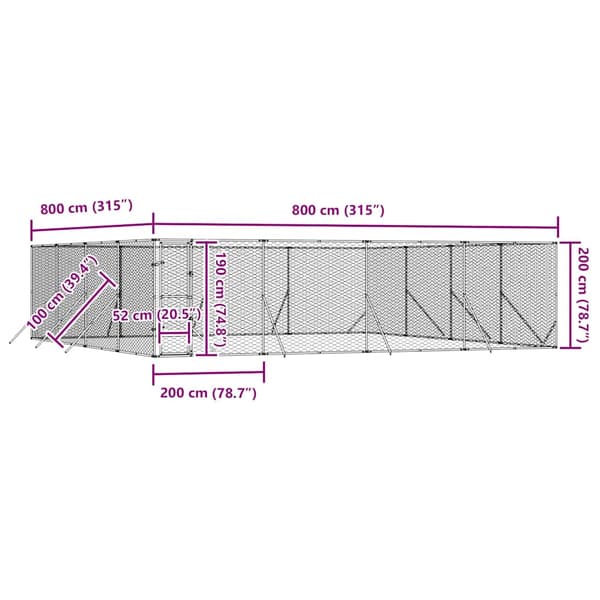 Hundgård för utomhusbruk silver 8x8x2 m galvaniserat stål