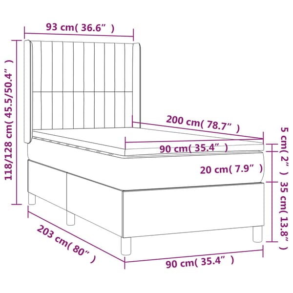 Ramsäng med madrass & LED mörkgrå 90x200 cm sammet