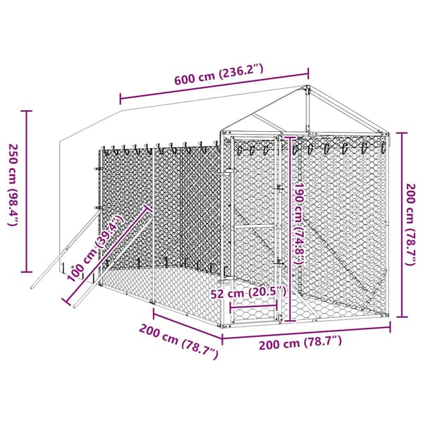 Hundgård med tak silver 2x6x2,5 m galvaniserat stål