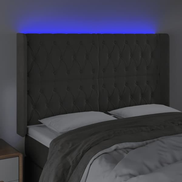 Sänggavel LED mörkgrå 163x16x118/128 cm sammet