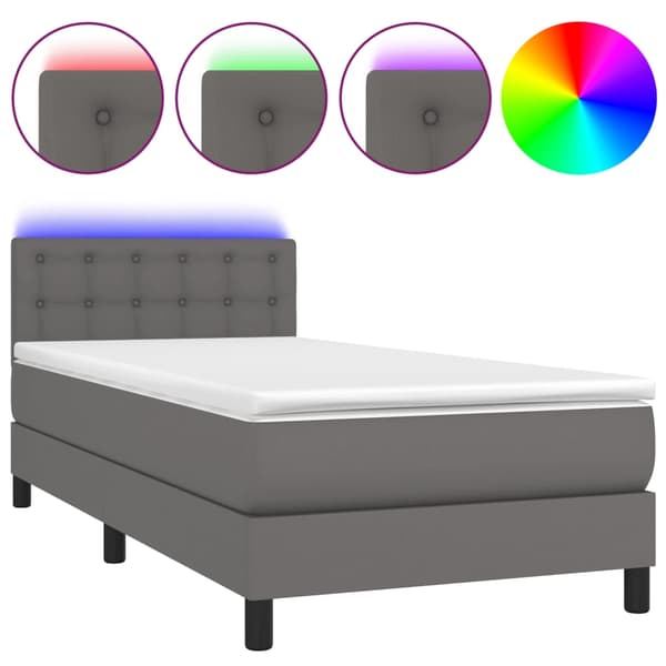 Ramsäng med madrass & LED grå 90x200 cm konstläder