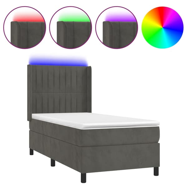 Ramsäng med madrass & LED mörkgrå 100x200 cm sammet