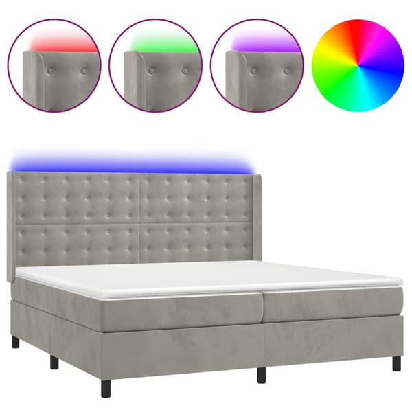 Ramsäng med madrass & LED ljusgrå 200x200 cm sammet