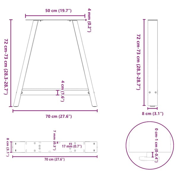 Matbordsben A-formade 2 st 70x(72-73) cm stål