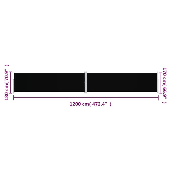 Infällbar sidomarkis svart 180x1200 cm