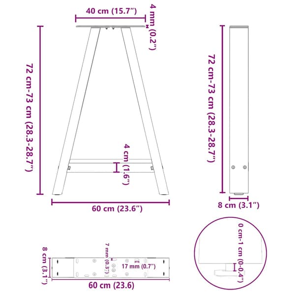 Matbordsben A-formade 2 st 60x(72-73) cm stål