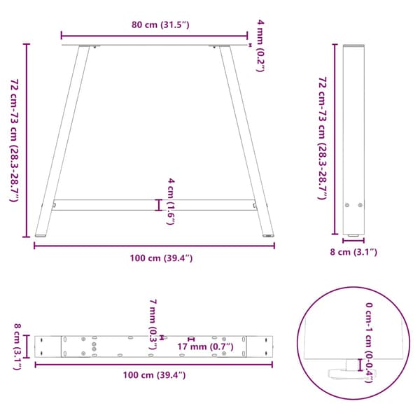 Matbordsben A-formade 2 st 100x(72-73) cm stål