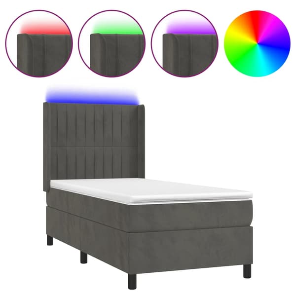 Ramsäng med madrass & LED mörkgrå 90x200 cm sammet