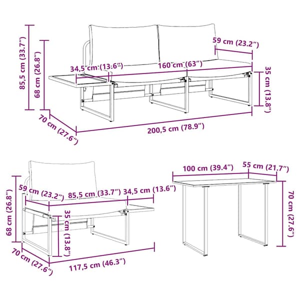 Trädgårdsmöbelset 3 pcs Ljusgrå Stål