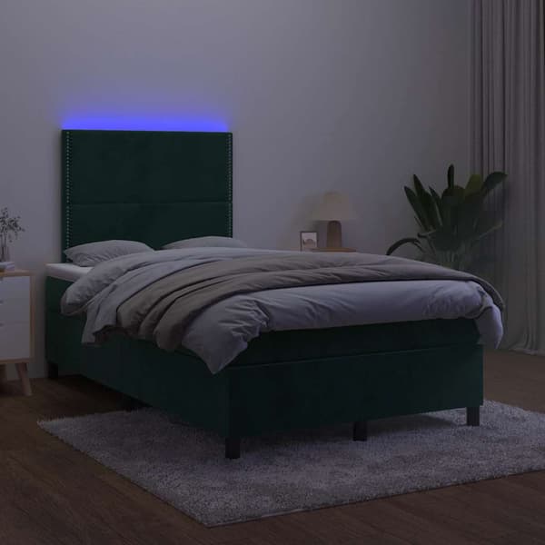 Ramsäng med madrass & LED mörkgrön 120x190 cm sammet