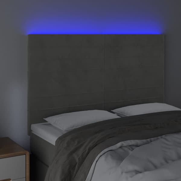 Sänggavel LED ljusgrå 144x5x118/128 cm sammet
