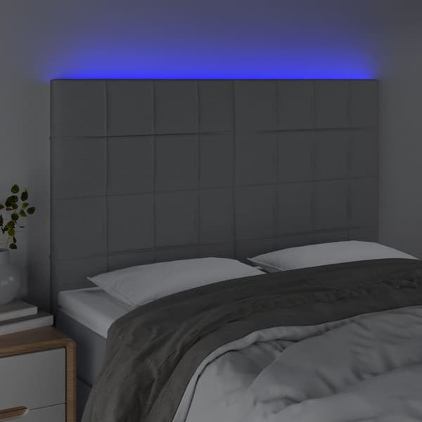 Sänggavel LED ljusgrå 144x5x118/128 cm tyg