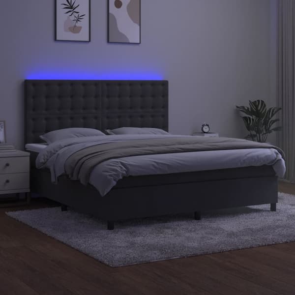 Ramsäng med madrass & LED mörkgrå 180x200 cm sammet