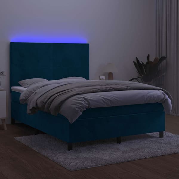 Ramsäng med madrass & LED mörkblå 140x190 cm sammet