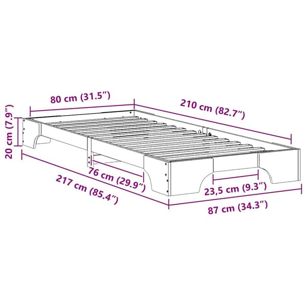 Sängram Vit 80 x 210 cm Massiv furu