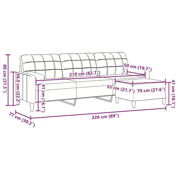 3-sitssoffa med fotpall brun 210 cm sammet