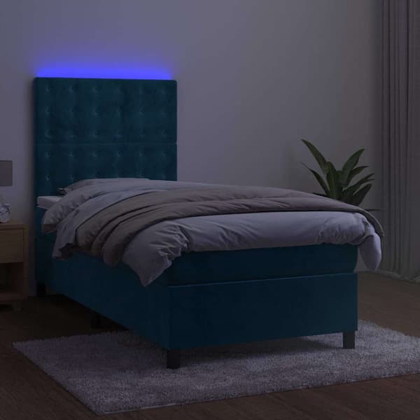 Ramsäng med madrass & LED mörkblå 100x200 cm sammet